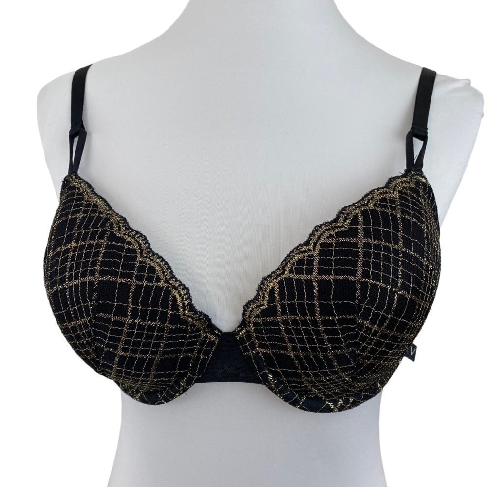 Victoria's Secret Sexy Tee Lightly Lined Demi Bra Black Gold Plaid Lace